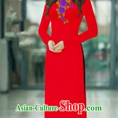 Traditional Top Grade Asian Vietnamese Ha Festival Red Long Ao Dai Dress, Vietnam National Jing Nationality Printing Cheongsam Costumes for Women