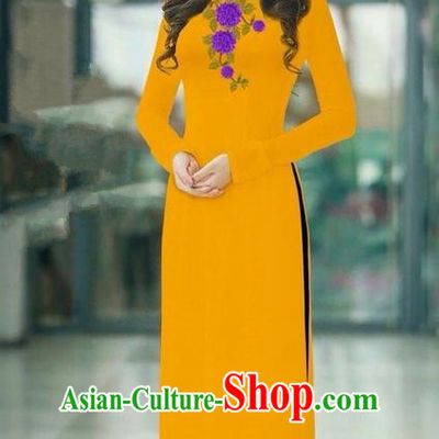 Traditional Top Grade Asian Vietnamese Ha Festival Ginger Long Ao Dai Dress, Vietnam National Jing Nationality Printing Cheongsam Costumes for Women