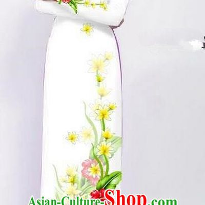 Traditional Top Grade Asian Vietnamese Ha Festival Long Ao Dai Dress and Pants, Vietnam National Jing Nationality Printing White Cheongsam Costumes for Women