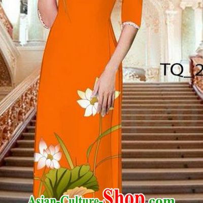 Traditional Top Grade Asian Vietnamese Ha Festival Long Orange Ao Dai Dress, Vietnam National Jing Nationality Printing Lotus Cheongsam Costumes for Women