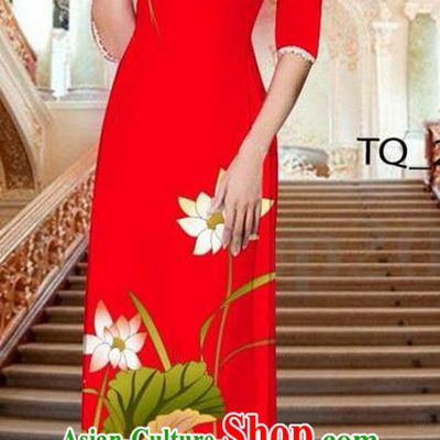 Traditional Top Grade Asian Vietnamese Ha Festival Long Red Ao Dai Dress, Vietnam National Jing Nationality Printing Lotus Cheongsam Costumes for Women