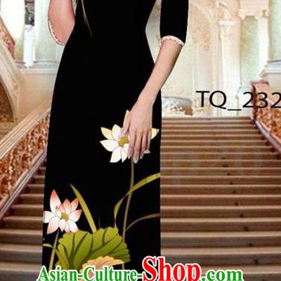 Traditional Top Grade Asian Vietnamese Ha Festival Long Black Ao Dai Dress, Vietnam National Jing Nationality Printing Lotus Cheongsam Costumes for Women