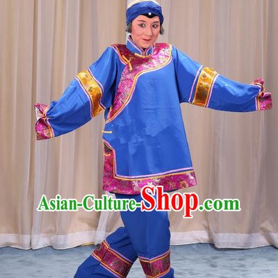 Traditional Chinese Beijing Opera Old Female Blue Clothing and Shoes Headwear Complete Set, China Peking Opera Woman Matchmaker Costume Embroidered Opera Costumes