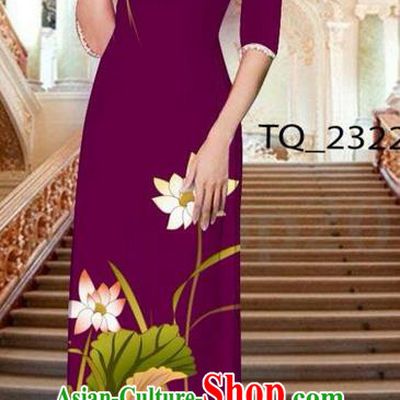 Traditional Top Grade Asian Vietnamese Ha Festival Long Amaranth Ao Dai Dress, Vietnam National Jing Nationality Printing Lotus Cheongsam Costumes for Women