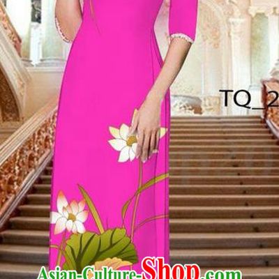 Traditional Top Grade Asian Vietnamese Ha Festival Long Rosy Ao Dai Dress, Vietnam National Jing Nationality Printing Lotus Cheongsam Costumes for Women