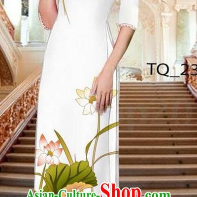 Traditional Top Grade Asian Vietnamese Ha Festival Long White Ao Dai Dress, Vietnam National Jing Nationality Printing Lotus Cheongsam Costumes for Women
