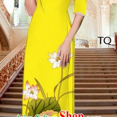 Traditional Top Grade Asian Vietnamese Ha Festival Long Yellow Ao Dai Dress, Vietnam National Jing Nationality Printing Lotus Cheongsam Costumes for Women
