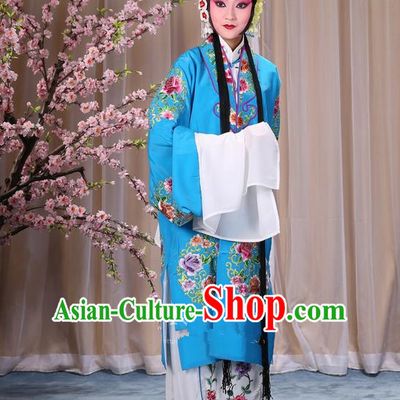 Traditional Chinese Beijing Opera Shaoxing Opera Young Female Blue Clothing and Headwear Shoes Complete Set, China Peking Opera Diva Role Hua Tan Costume Embroidered Opera Bride Costumes