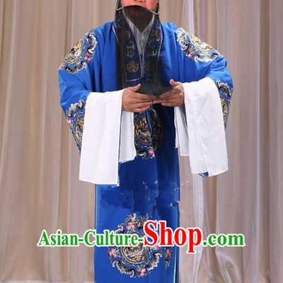 Traditional Chinese Beijing Opera Old Male Landlord Blue Clothing and Headwear Boots Complete Set, China Peking Opera Laosheng-role Costume Ministry Councillor Embroidered Clothing Opera Costumes