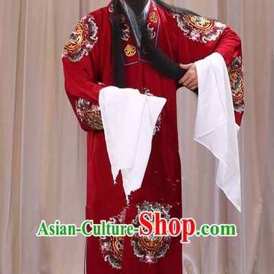 Traditional Chinese Beijing Opera Old Male Landlord Wine Red Clothing and Headwear Boots Complete Set, China Peking Opera Laosheng-role Costume Ministry Councillor Embroidered Clothing Opera Costumes