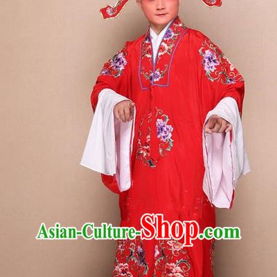 Traditional Chinese Beijing Opera Lang Scholar Dress Clothing and Boots Complete Set, China Peking Opera Young Man Costume Bridegroom Embroidered Robe Opera Costumes