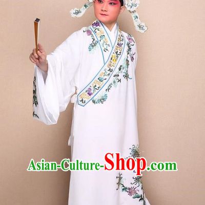 Traditional Chinese Beijing Opera Niche White Dress Clothing Complete Set, China Peking Opera Young Man Costume Embroidered Chrysanthemum Robe Opera Costumes