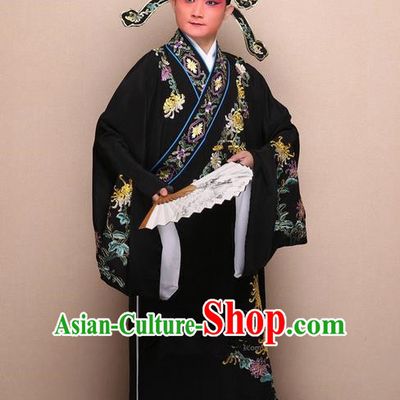 Traditional Chinese Beijing Opera Niche Black Dress Clothing Complete Set, China Peking Opera Young Man Costume Embroidered Chrysanthemum Robe Opera Costumes