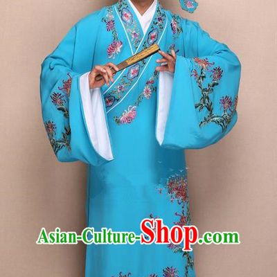 Traditional Chinese Beijing Opera Niche Blue Dress Clothing Complete Set, China Peking Opera Young Man Costume Embroidered Chrysanthemum Robe Opera Costumes