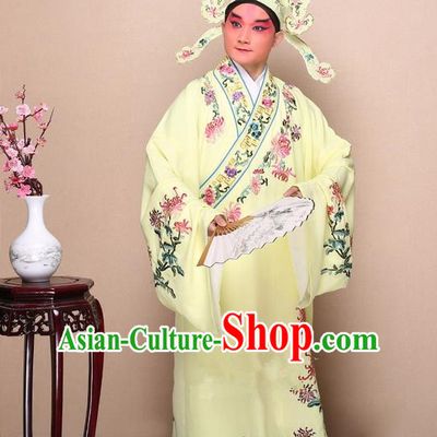Traditional Chinese Beijing Opera Niche Yellow Dress Clothing Complete Set, China Peking Opera Young Man Costume Embroidered Chrysanthemum Robe Opera Costumes