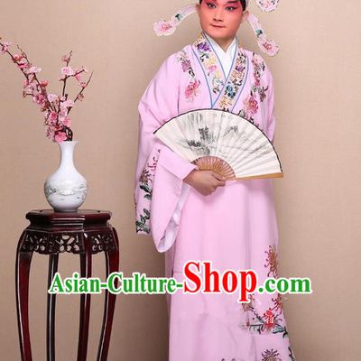 Traditional Chinese Beijing Opera Niche Pink Dress Clothing Complete Set, China Peking Opera Young Man Costume Embroidered Chrysanthemum Robe Opera Costumes
