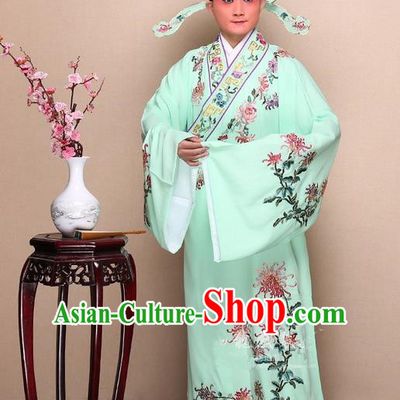 Traditional Chinese Beijing Opera Niche Green Dress Clothing Complete Set, China Peking Opera Young Man Costume Embroidered Chrysanthemum Robe Opera Costumes
