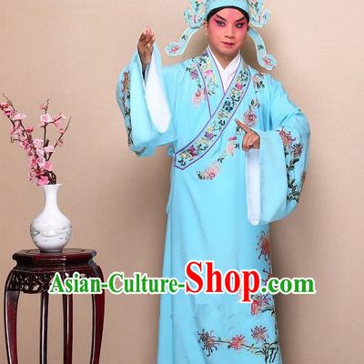 Traditional Chinese Beijing Opera Niche Light Blue Dress Clothing Complete Set, China Peking Opera Young Man Costume Embroidered Chrysanthemum Robe Opera Costumes