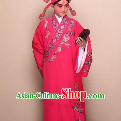 Traditional Chinese Beijing Opera Niche Rosy Dress Clothing Complete Set, China Peking Opera Young Man Costume Embroidered Chrysanthemum Robe Opera Costumes