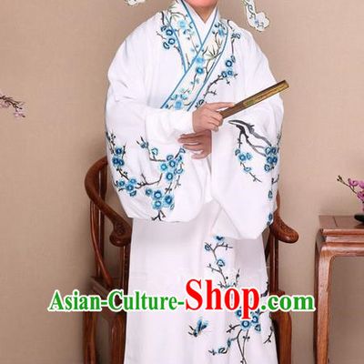 Traditional Chinese Beijing Opera Niche White Dress Clothing Complete Set, China Peking Opera Young Man Costume Embroidered Plum Blossom Robe Opera Costumes