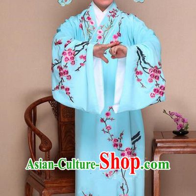 Traditional Chinese Beijing Opera Niche Blue Dress Clothing Complete Set, China Peking Opera Young Man Costume Embroidered Plum Blossom Robe Opera Costumes