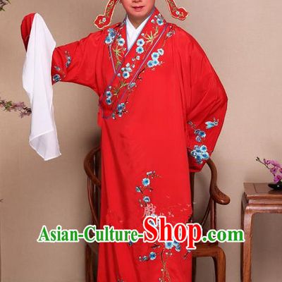 Traditional Chinese Beijing Opera Niche Red Dress Clothing Complete Set, China Peking Opera Young Man Costume Embroidered Plum Blossom Robe Opera Costumes
