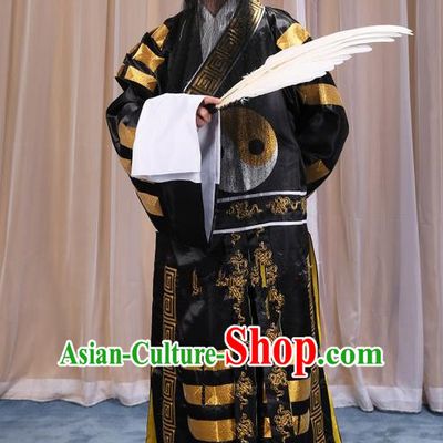 Traditional Chinese Beijing Opera Black Eight Diagrams Clothing and Boots Feather Fan Complete Set, China Peking Opera Zhuge Liang Costume Embroidered Military Counsellor Robe Opera Costumes