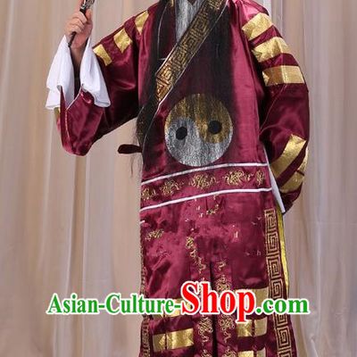 Traditional Chinese Beijing Opera Red Eight Diagrams Clothing and Boots Feather Fan Complete Set, China Peking Opera Zhuge Liang Costume Embroidered Military Counsellor Robe Opera Costumes