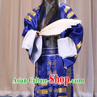 Traditional Chinese Beijing Opera Blue Eight Diagrams Clothing and Boots Feather Fan Complete Set, China Peking Opera Zhuge Liang Costume Embroidered Military Counsellor Robe Opera Costumes