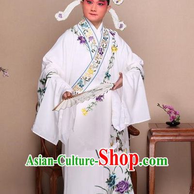 Traditional Chinese Beijing Opera Niche White Dress Clothing and Boots Fan Complete Set, China Peking Opera Gifted Youth Man Costume Embroidered Robe Opera Costumes