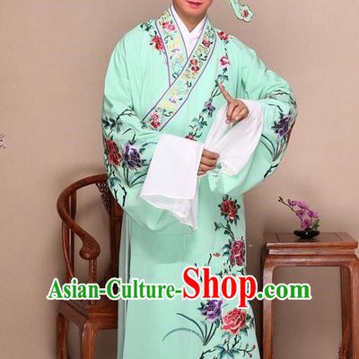 Traditional Chinese Beijing Opera Niche Green Dress Clothing and Boots Fan Complete Set, China Peking Opera Gifted Youth Man Costume Embroidered Robe Opera Costumes