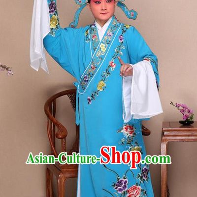 Traditional Chinese Beijing Opera Niche Blue Dress Clothing and Boots Fan Complete Set, China Peking Opera Gifted Youth Man Costume Embroidered Robe Opera Costumes