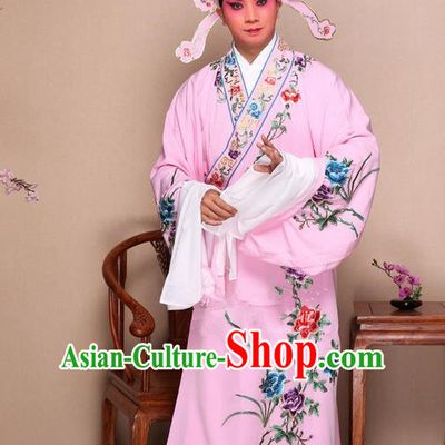 Traditional Chinese Beijing Opera Niche Pink Dress Clothing and Boots Fan Complete Set, China Peking Opera Gifted Youth Man Costume Embroidered Robe Opera Costumes