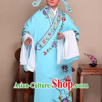 Traditional Chinese Beijing Opera Niche Light Blue Dress Clothing and Boots Fan Complete Set, China Peking Opera Gifted Youth Man Costume Embroidered Robe Opera Costumes