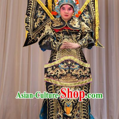 Traditional Chinese Beijing Opera Military Officer Armour Black Clothing and Boots Complete Set, China Peking Opera Martial General Role Costume Embroidered Opera Costumes