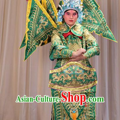 Traditional Chinese Beijing Opera Military Officer Armour Green Clothing and Boots Complete Set, China Peking Opera Martial General Role Costume Embroidered Opera Costumes