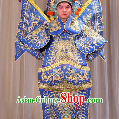 Traditional Chinese Beijing Opera Military Officer Armour Blue Clothing and Boots Complete Set, China Peking Opera Martial General Role Costume Embroidered Opera Costumes