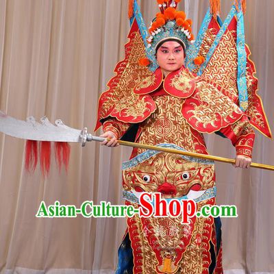Traditional Chinese Beijing Opera Military Officer Armour Red Clothing and Boots Complete Set, China Peking Opera Martial General Role Costume Embroidered Opera Tiger Head Costumes