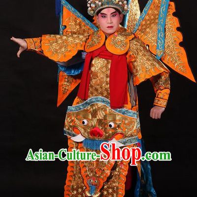Traditional Chinese Beijing Opera Military Officer Armour Yellow Clothing and Boots Complete Set, China Peking Opera Martial General Role Costume Embroidered Opera Tiger Head Costumes