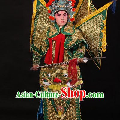 Traditional Chinese Beijing Opera Military Officer Armour Green Clothing and Boots Complete Set, China Peking Opera Martial General Role Costume Embroidered Opera Tiger Head Costumes