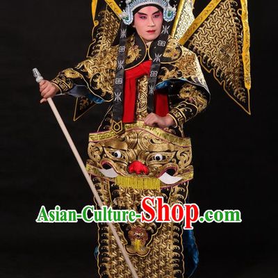 Traditional Chinese Beijing Opera Military Officer Armour Black Clothing and Boots Complete Set, China Peking Opera Martial General Role Costume Embroidered Opera Tiger Head Costumes