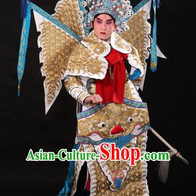 Traditional Chinese Beijing Opera Military Officer Armour White Clothing and Boots Complete Set, China Peking Opera Martial General Role Costume Embroidered Opera Tiger Head Costumes