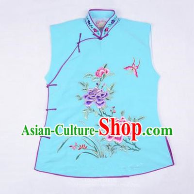 Traditional Chinese Beijing Opera Servant Girl Light Blue Vests, China Peking Opera Young Lady Costume Embroidered Opera Waistcoat Costumes
