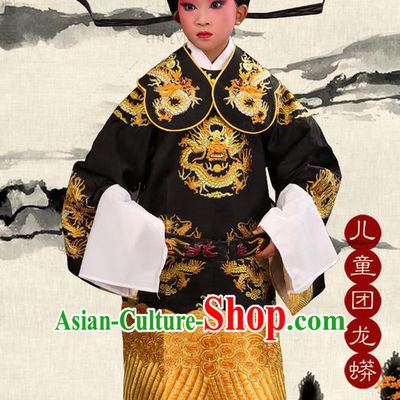 Traditional Chinese Beijing Opera Male Black Clothing and Boots Complete Set, China Peking Opera His Royal Highness Costume Embroidered Robe Dragon robe Opera Costumes for Kids