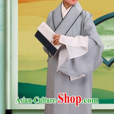 Traditional Chinese Beijing Opera Children Scholar Grey Clothing and Headwear Shoes Complete Set, China Peking Opera Young Man Costume Xu Xian Robe Opera Costumes for Kids
