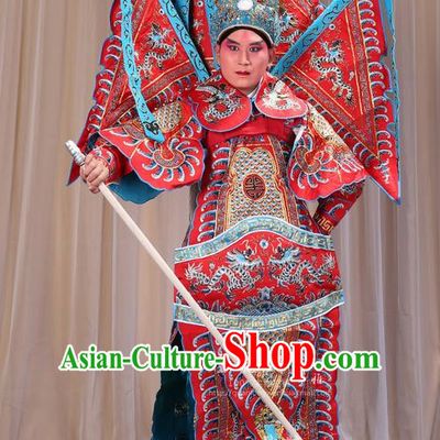 Traditional Chinese Beijing Opera Takefu Green Armour Red Clothing and Boots Complete Set, China Peking Opera Martial General Role Costume Embroidered Opera Costumes