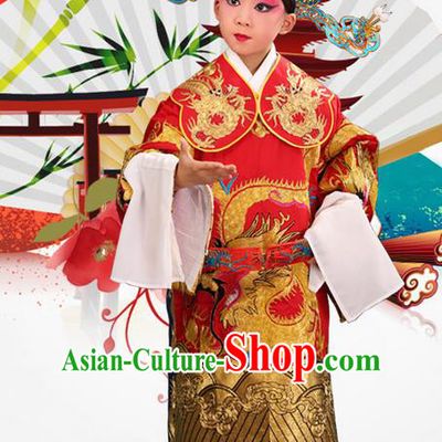 Traditional Chinese Beijing Opera Male Red Clothing and Headwear Boots Complete Set, China Peking Opera Emperor Costume Embroidered Dragon Robe Opera Costumes for Kids