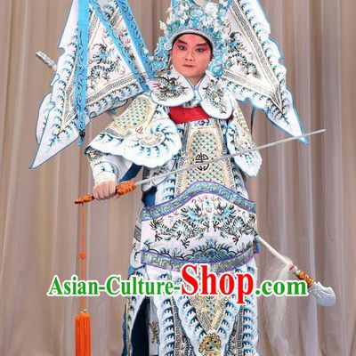 Traditional Chinese Beijing Opera Takefu Green Armour White Clothing and Boots Complete Set, China Peking Opera Martial General Role Costume Embroidered Opera Costumes