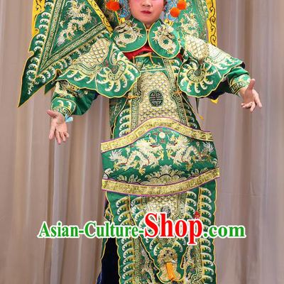 Traditional Chinese Beijing Opera Takefu Green Armour Green Clothing and Boots Complete Set, China Peking Opera Martial General Role Costume Embroidered Opera Costumes