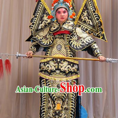 Traditional Chinese Beijing Opera Takefu Green Armour Black Clothing and Boots Complete Set, China Peking Opera Martial General Role Costume Embroidered Opera Costumes